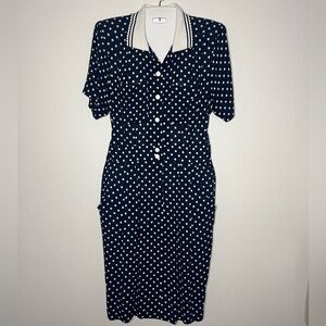 Vintage Leslie Fay Navy Polka Dot Midi Dress 👗✨